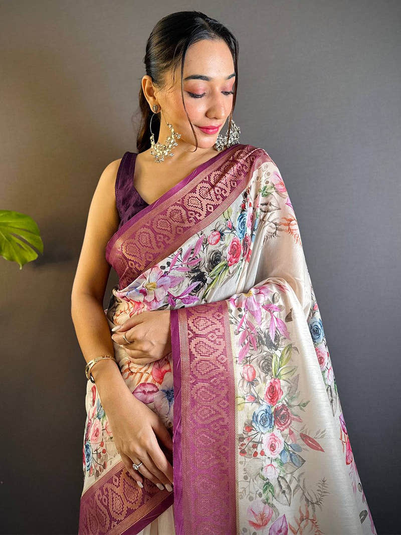 Cream Floral Cotton Rich Pallu Saree
