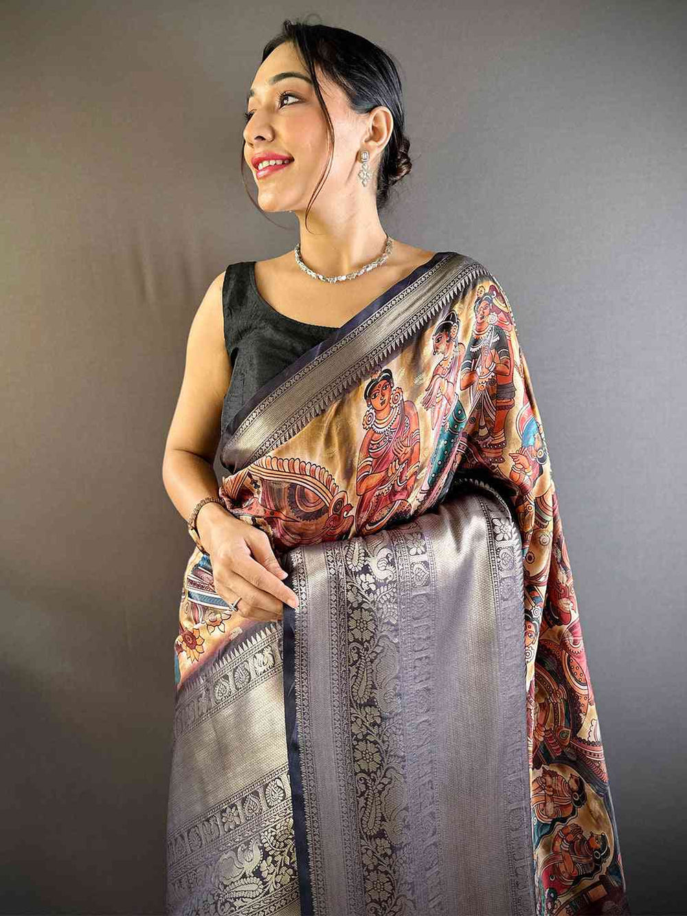 Woman wearing Heritage Bloom Kalamkari Silk Saree