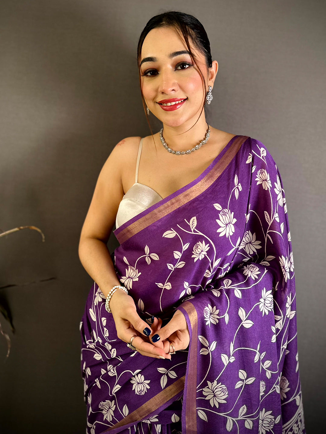 Purple Leaf Printed Mul Cotton Saree