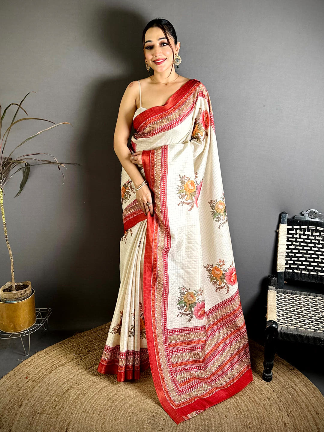 Regal Floral Print Red Border Saree