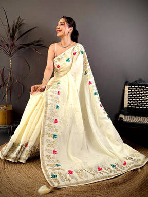 White Soft Satin Minakari Aari Work Saree