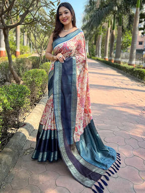Elegant Banarasi silk saree with blue double border design