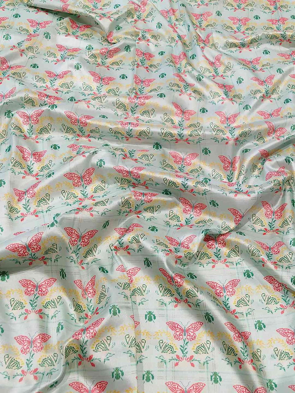 Close-up of Butterfly Printed Kanjivaram Saree Fabric