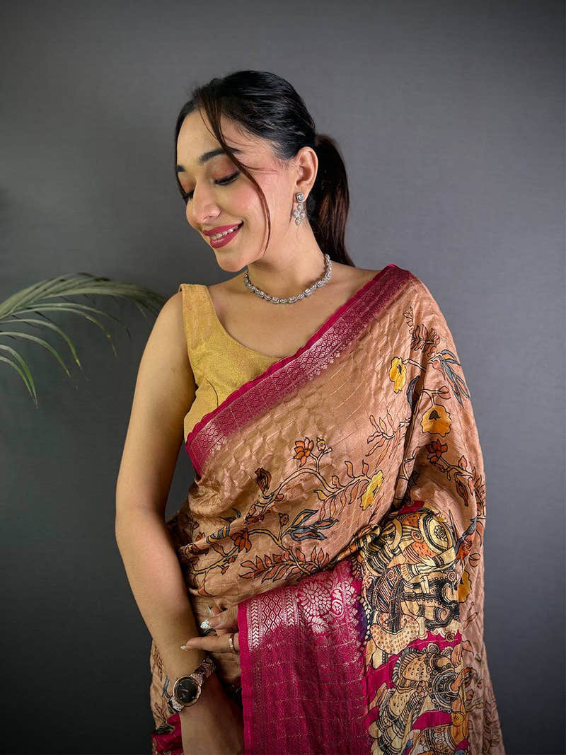 Peach Pure Viscose Kalamkari Printed Saree