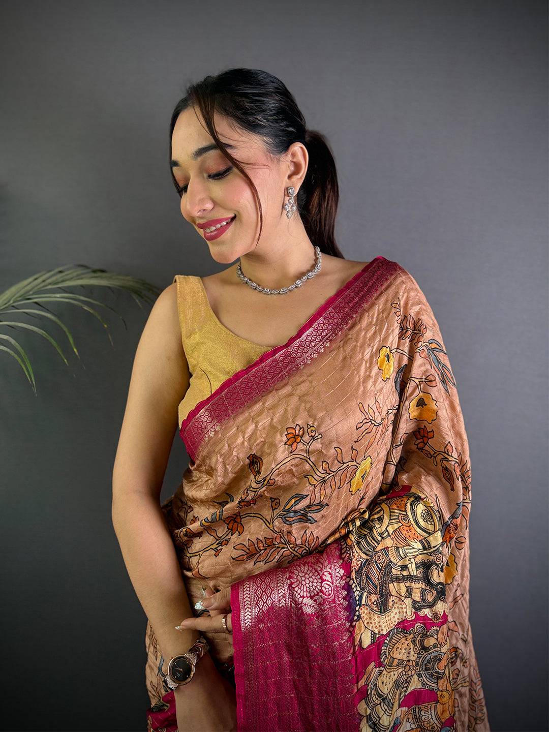 Peach Pure Viscose Kalalmkari Printed Saree