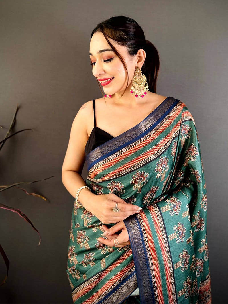 Regal Block Ajrakh Print Soft Tussar Saree