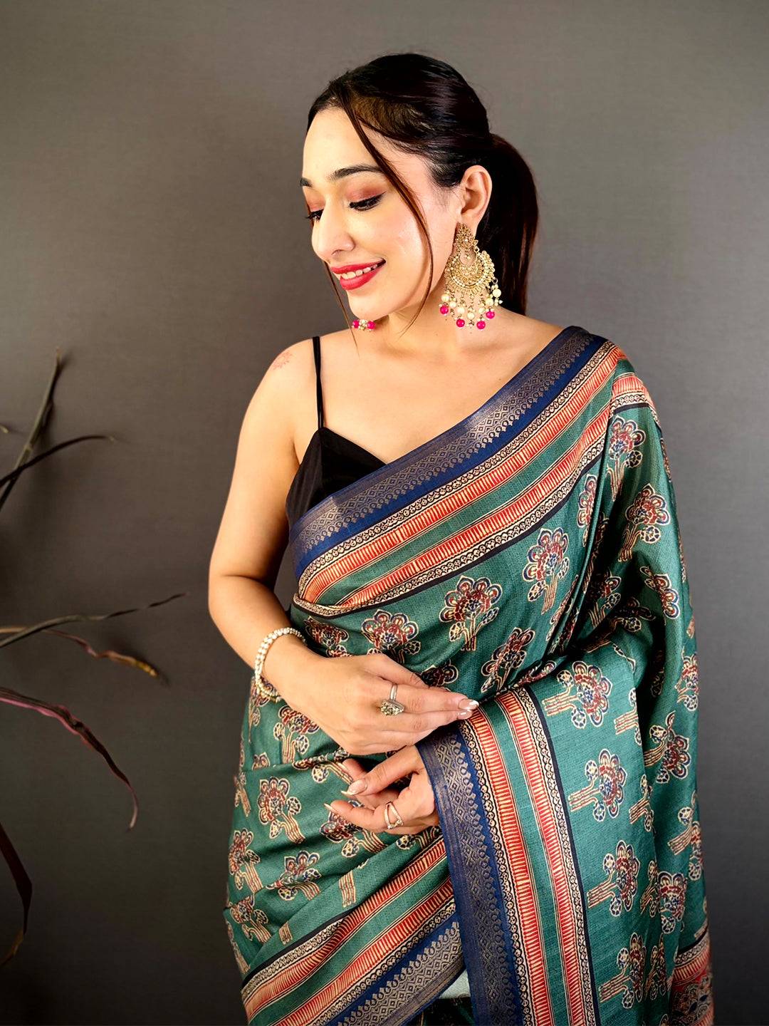 Regal Block Ajrakh Print Soft Tussar Saree

