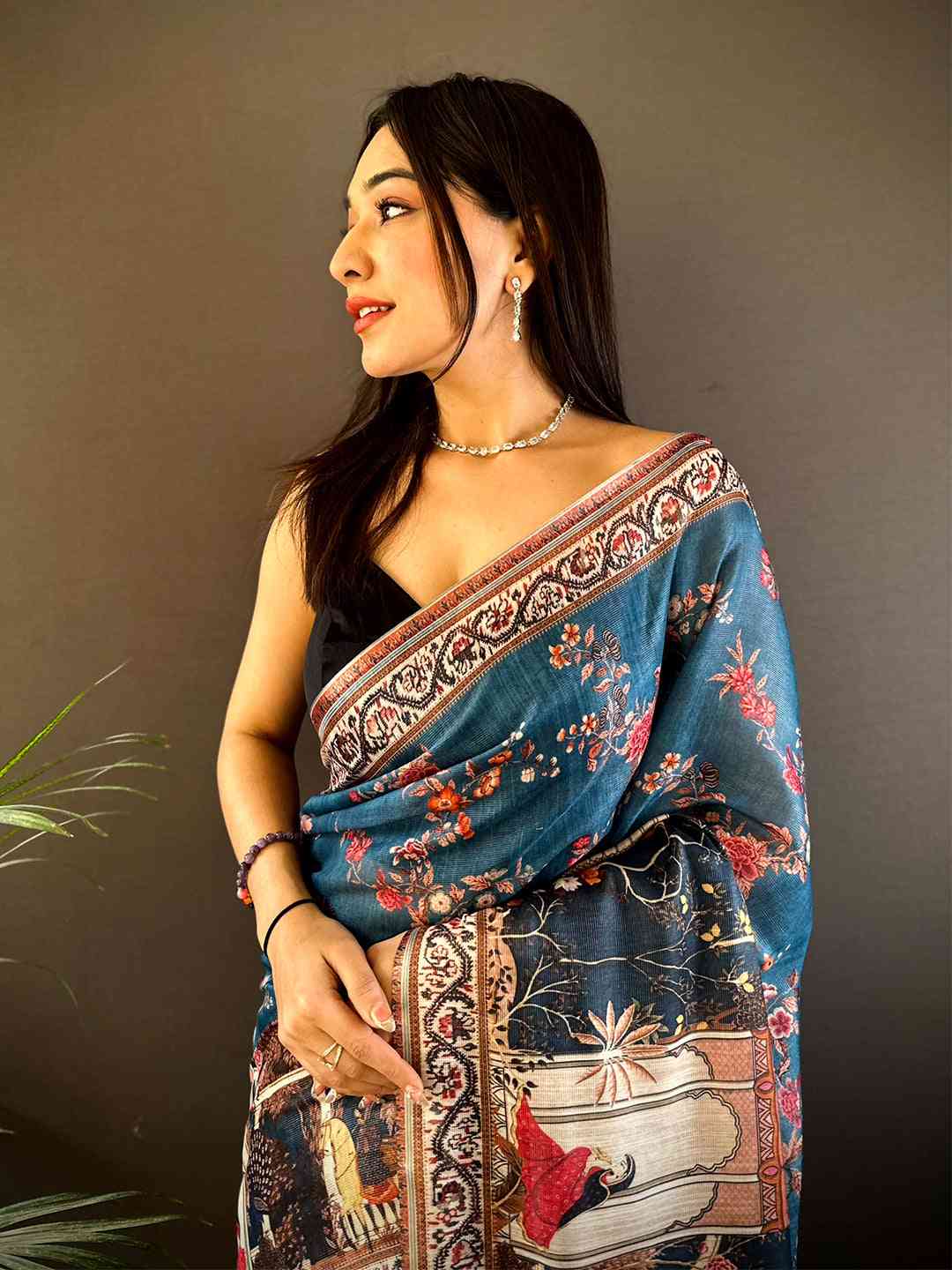 Deep Blue Tissue Chanderi Kalamkari Handprint Saree