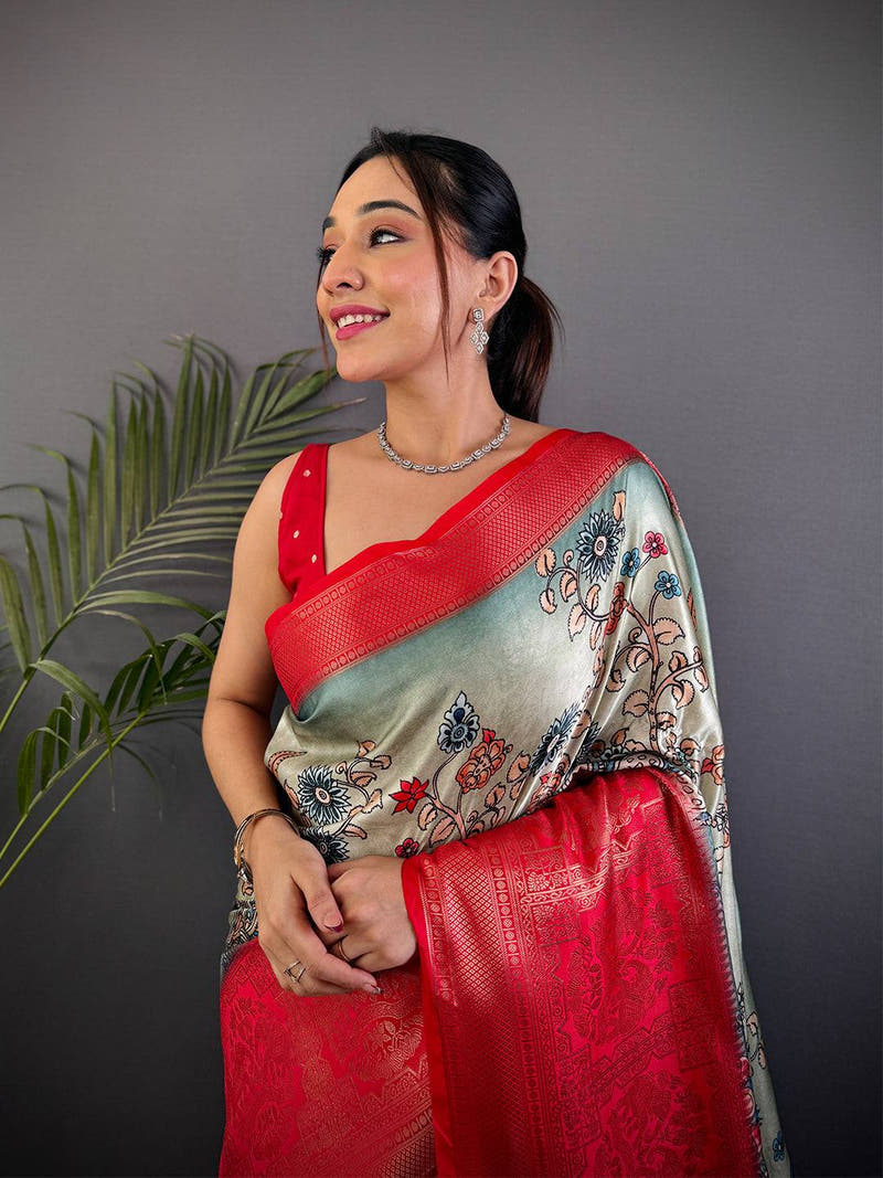 Sage Green Kalamkari Printed Soft Satin Saree