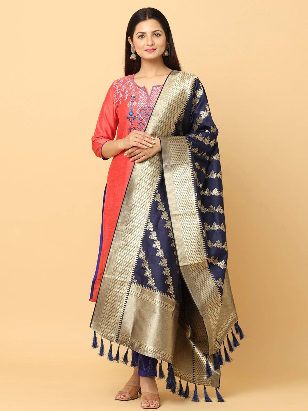 Front view of navy woven design dupatta
