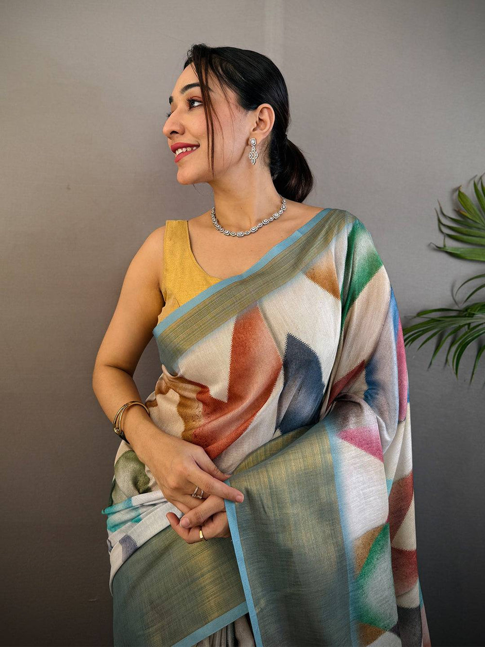 Sky Blue Geometric Kalamkari Linen Saree


