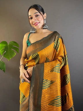 Mustard Tussar Silk Zari Weaving Ikkat Saree

