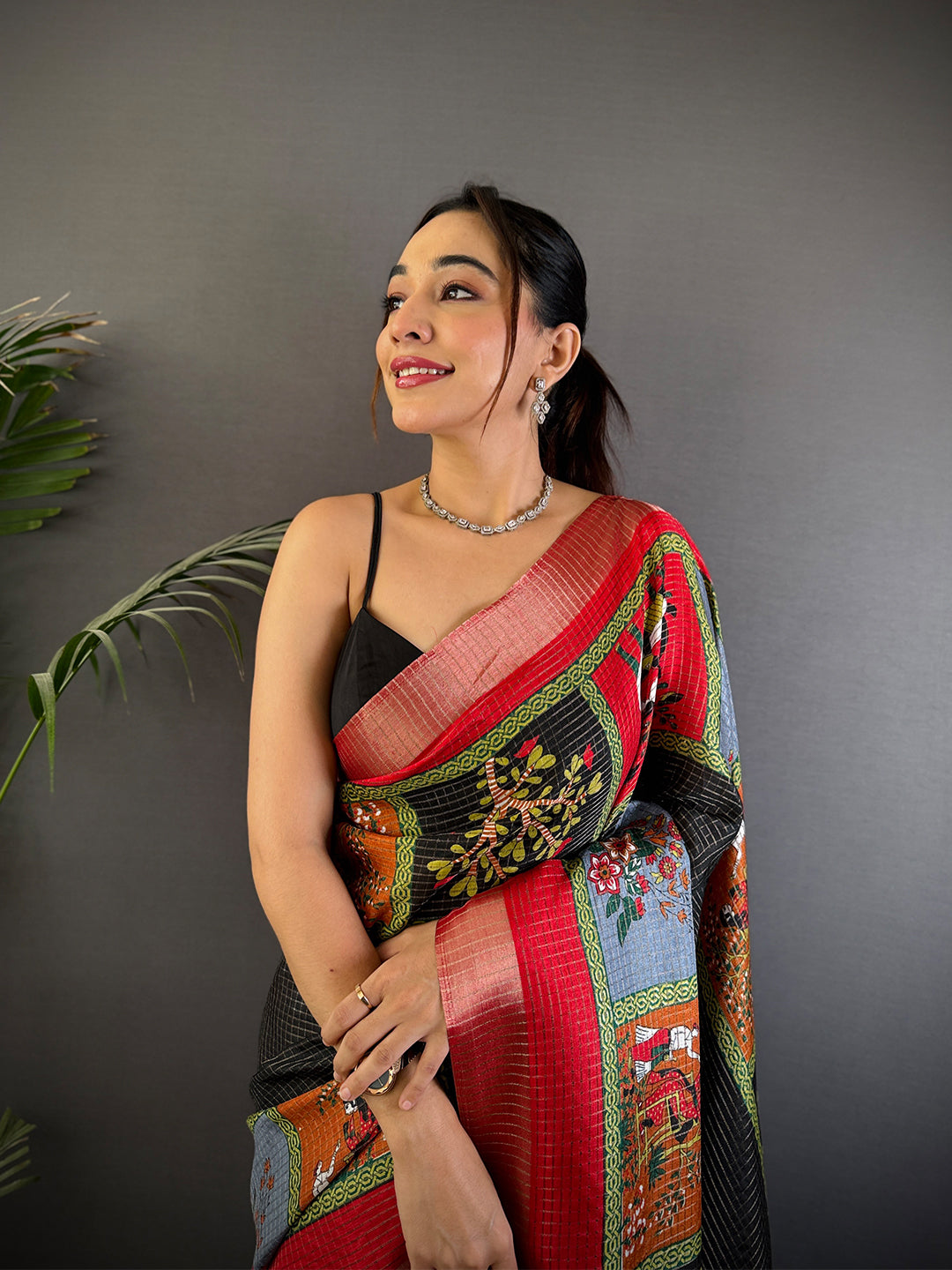 Black Tussar Kalalmkari Print Saree