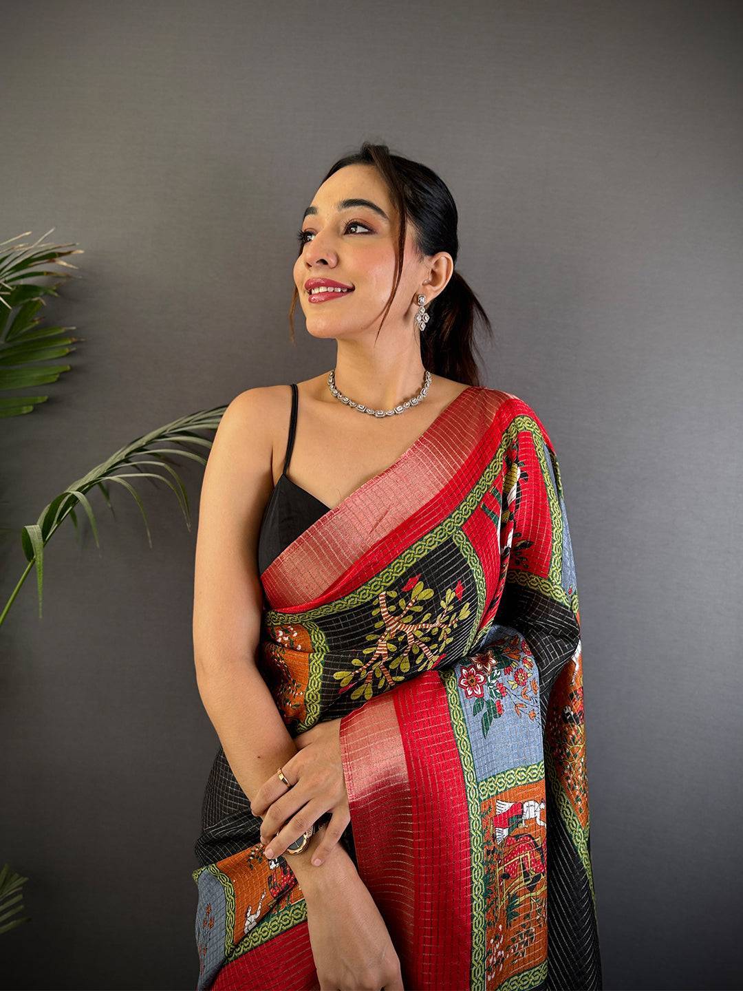 Black Tussar Kalalmkari Print Saree


