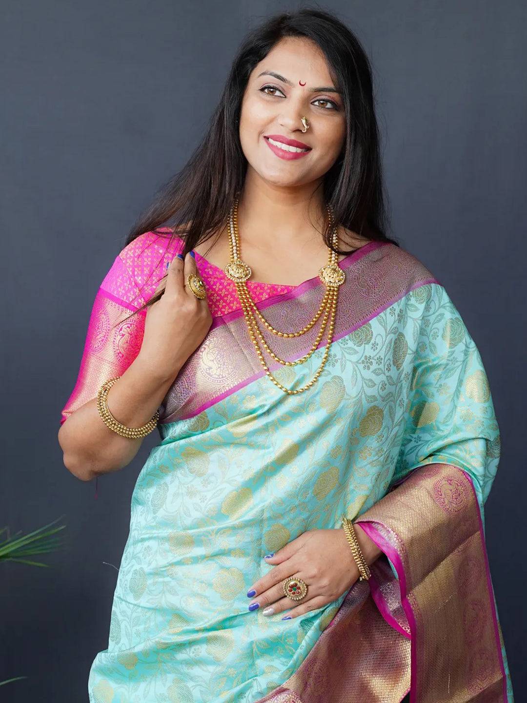 Aqua Floral Zari Banarasi Kanjivaram Silk Saree