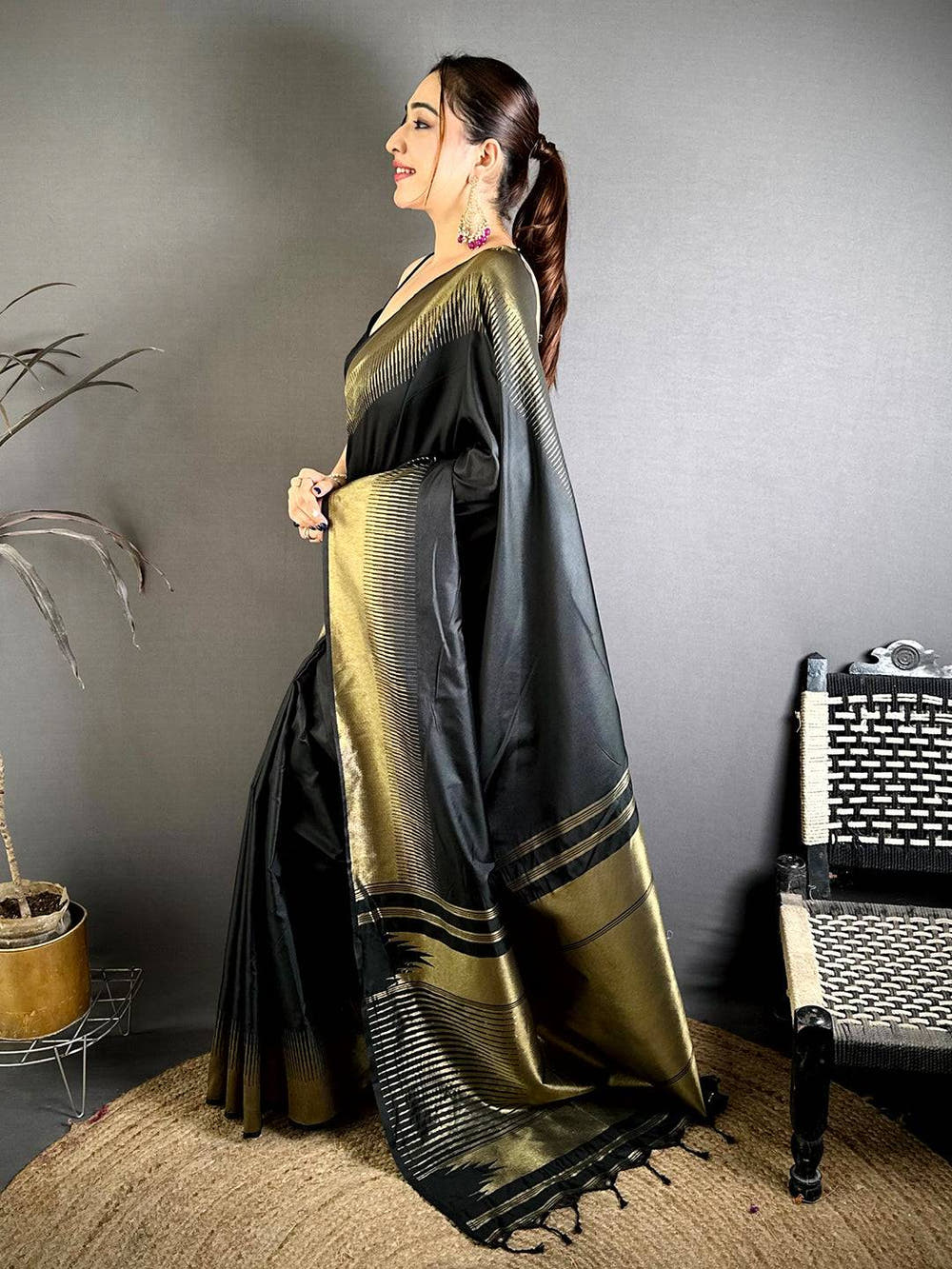 Dark Black Plain Body Ikkat Border Saree