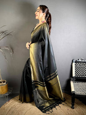 Dark Black Plain Body Ikkat Border Saree