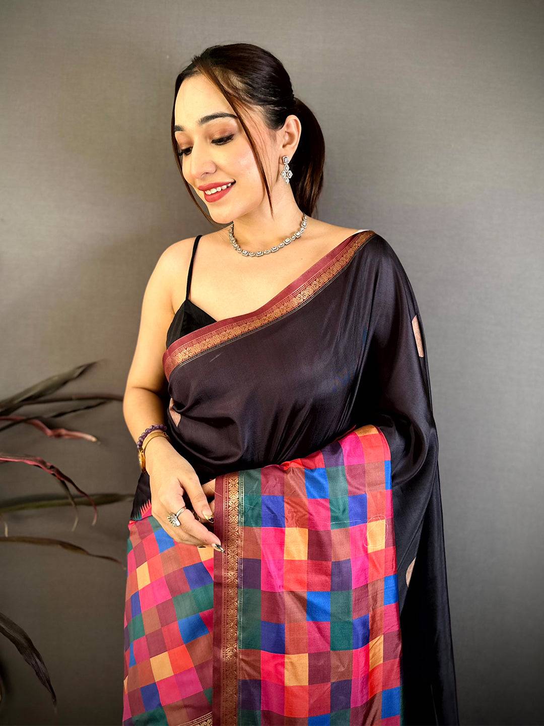 Classic Multi Colour Box Panel Soft Silk Saree