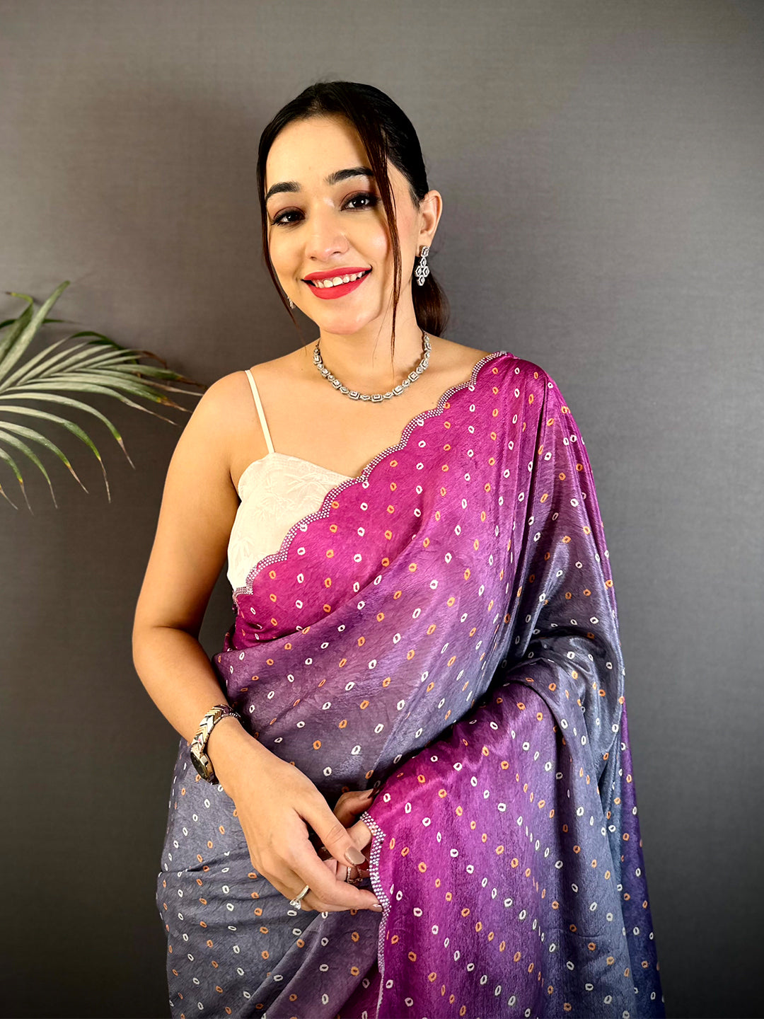 Artistic Chiffon Bandhej Swarovski Saree