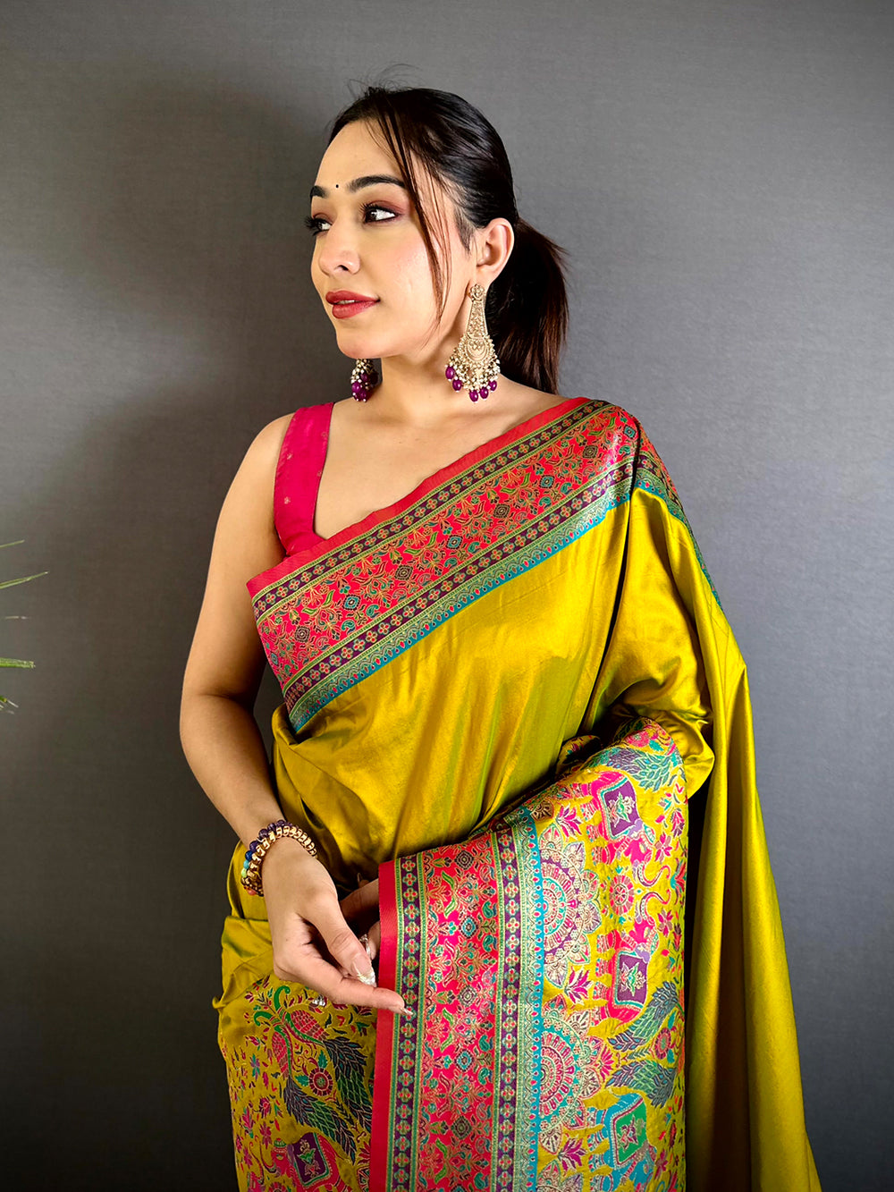Green Kashmiri Art Soft Silk Saree