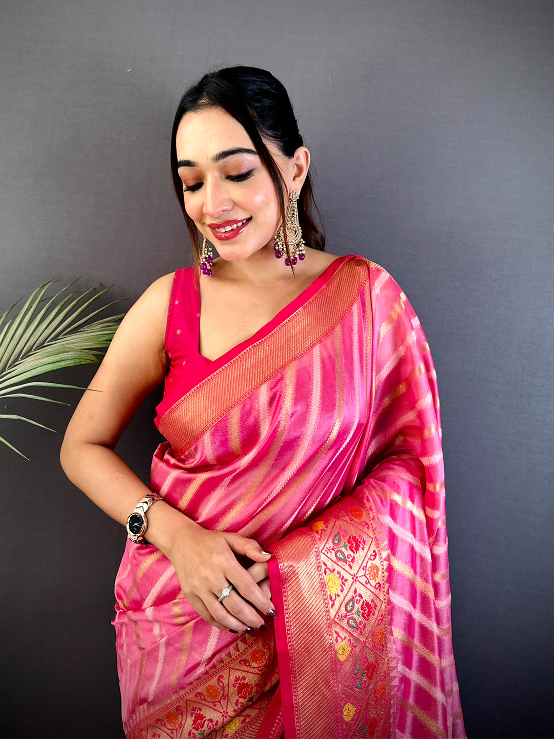 Baby Pink Banarasi Lehriya Katan Silk Saree