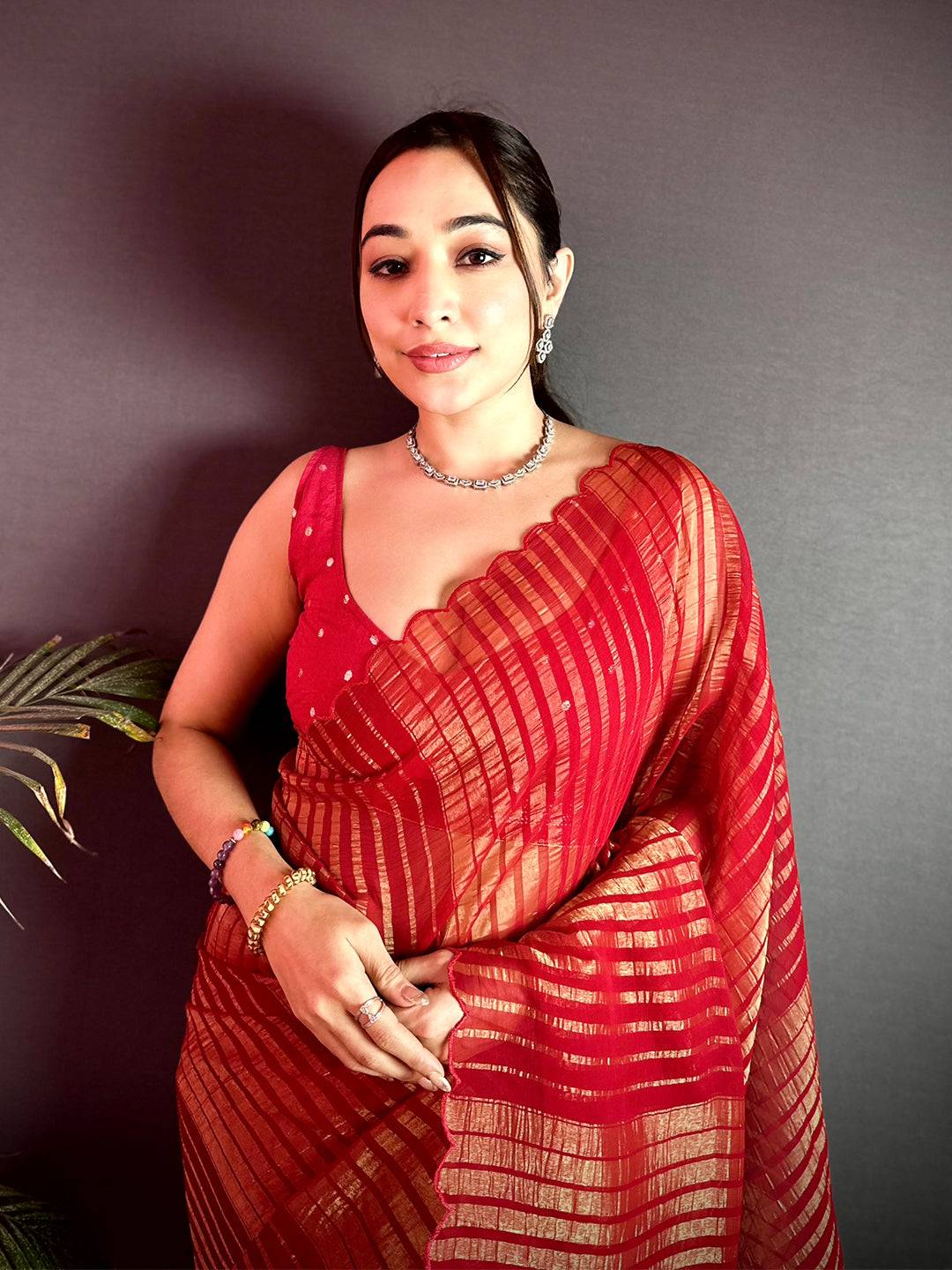 Ethereal Gold Zari Striped Chiffon Saree
