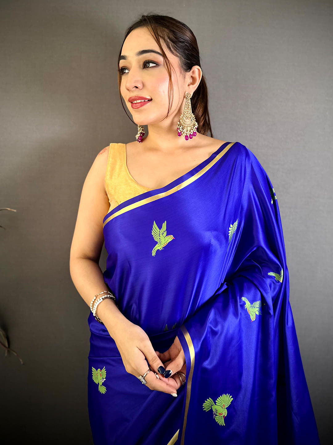 Soft Cherry Satin Minakari Bird Zari Saree