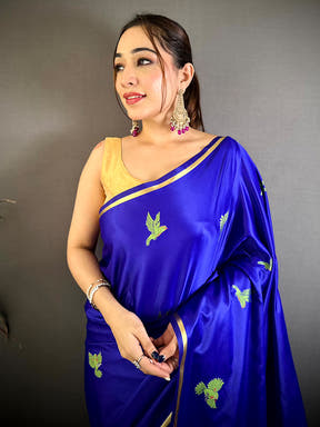 Soft Cherry Satin Minakari Bird Zari Saree