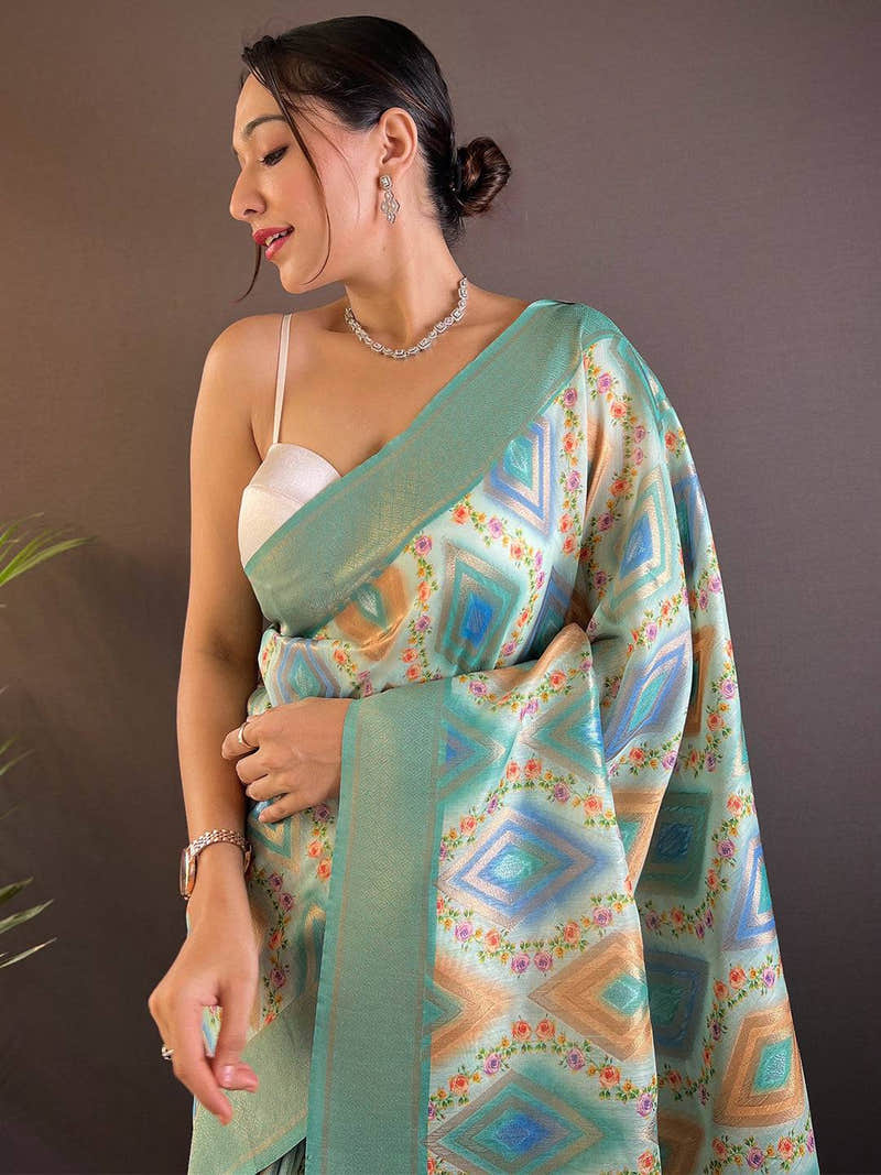 Mint Green Flower Vel Print Saree