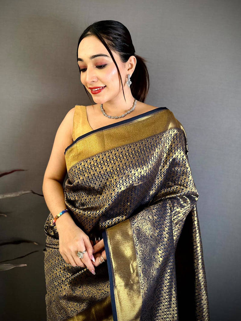 Radiant Black Kanjivaram Zari Silk Saree