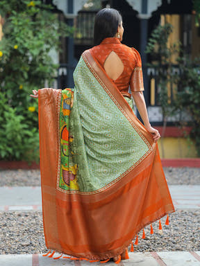 Pista Pure Viscose Dola Silk Saree with Bhandhej Print