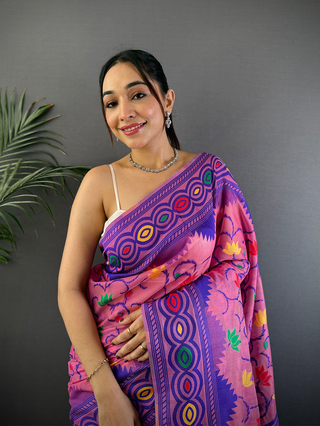 Fuchsia Pink Dhakai Jamdani Cotton Silk Saree