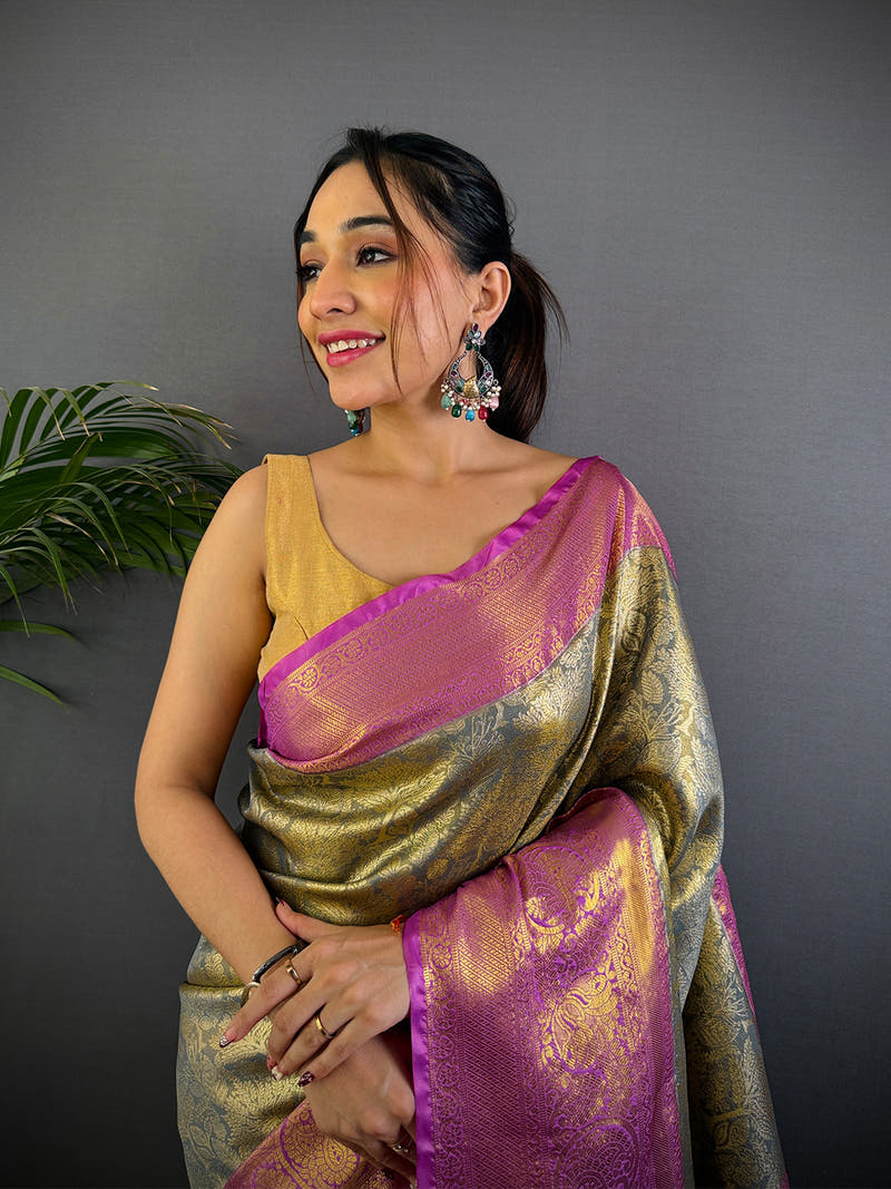 Grey Golden Threadwork Dharmavaram Saree

