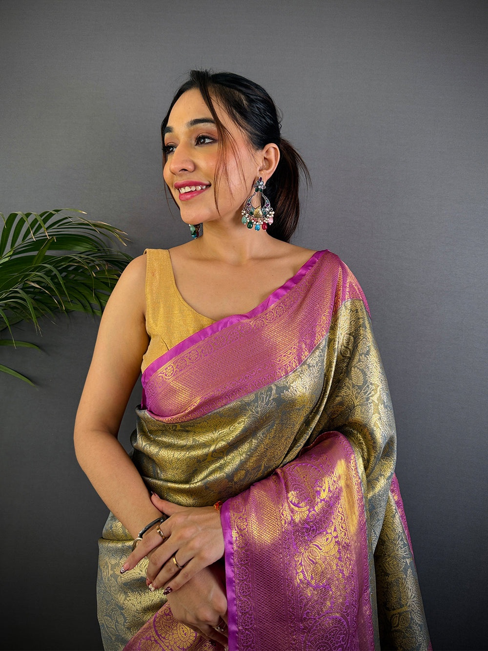 Grey Golden Threadwork Dharmavaram Saree