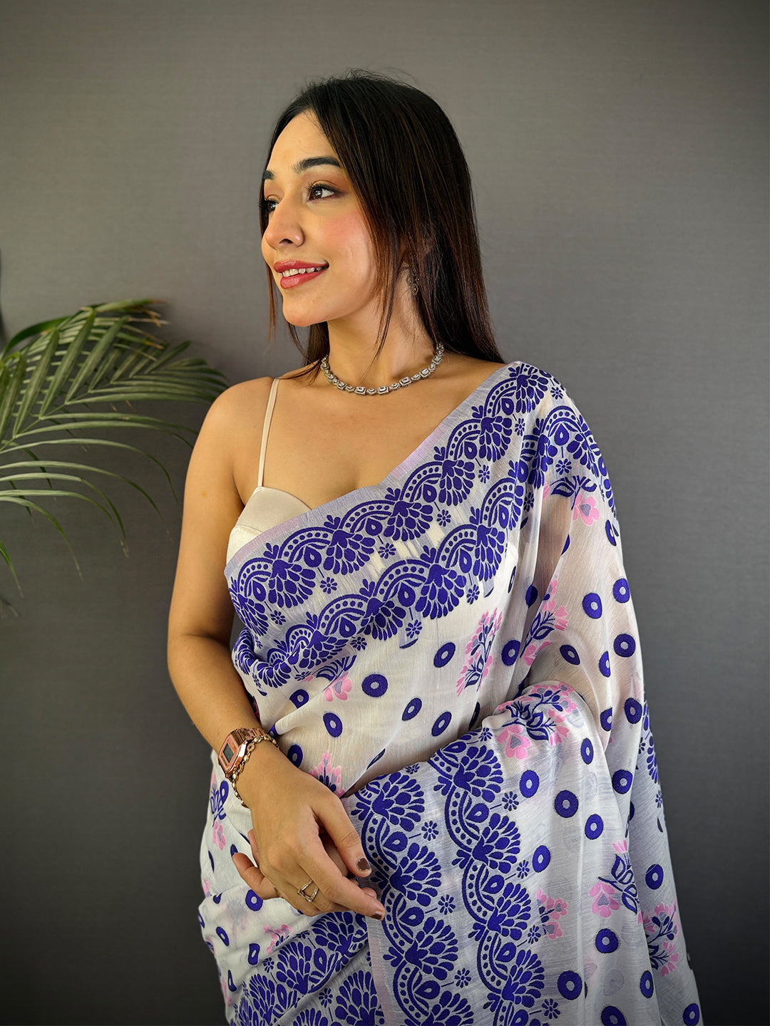 Royal Purple Dhakai Jamdani Cotton Silk Saree