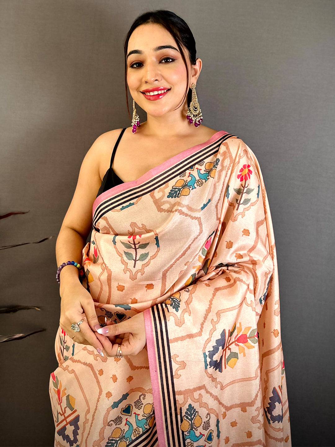 Vibrant Kalamkari Geometric Tussar Saree
