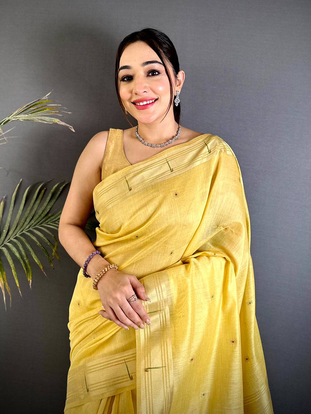 Yellow Minakari Paithani Khadi Linen Saree