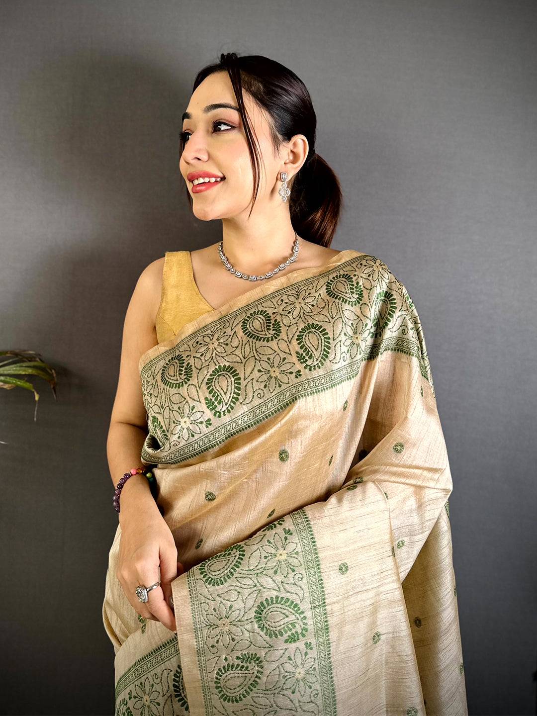 Olive Floral Katha Ghicha Silk Saree