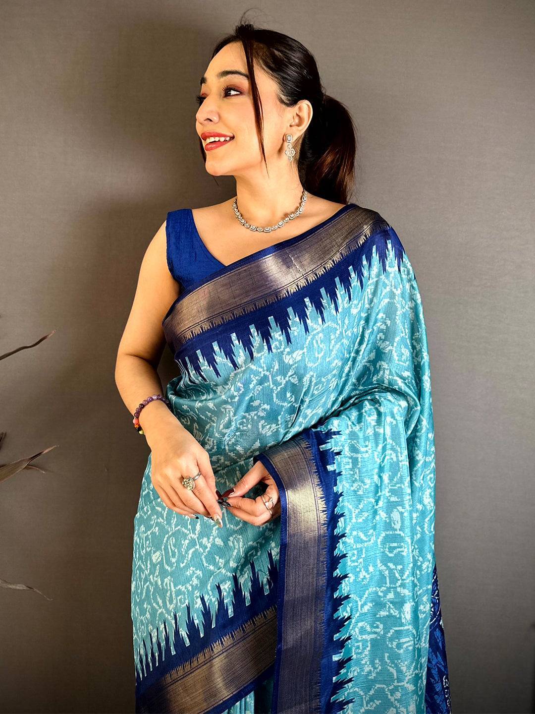 Sky Blue Pearl Ikkat Dola Silk Saree