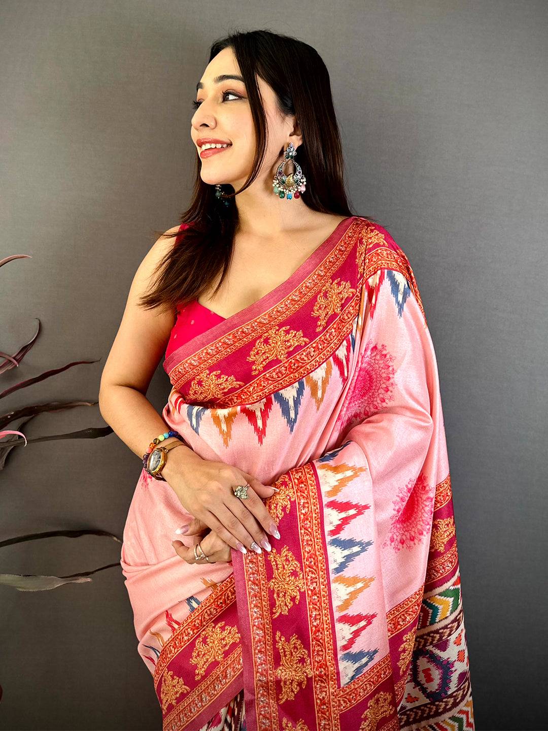 Pink Tanjore Ikkar Digital Tussar Saree