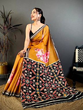 Mustard Tussar Ikkat Patola Saree


