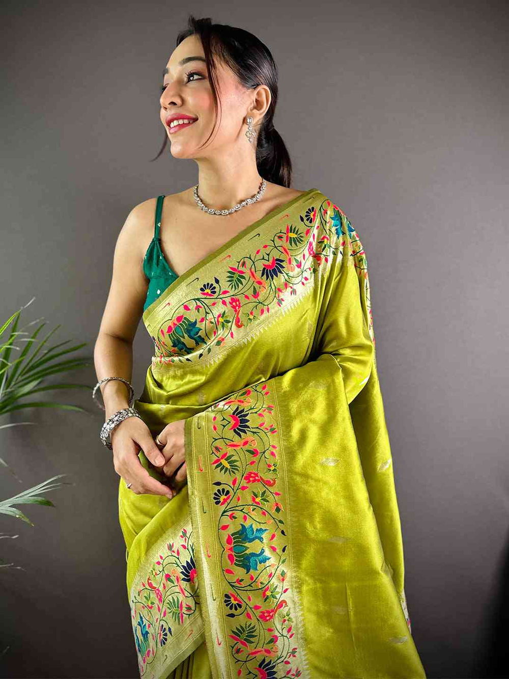 Pista Yevla Paithani Meenakari Saree