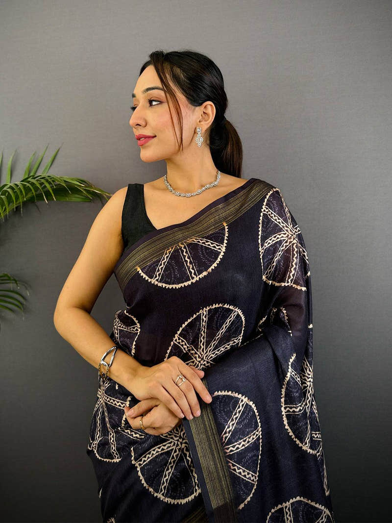 Black Linen Ajrakh Print Saree
