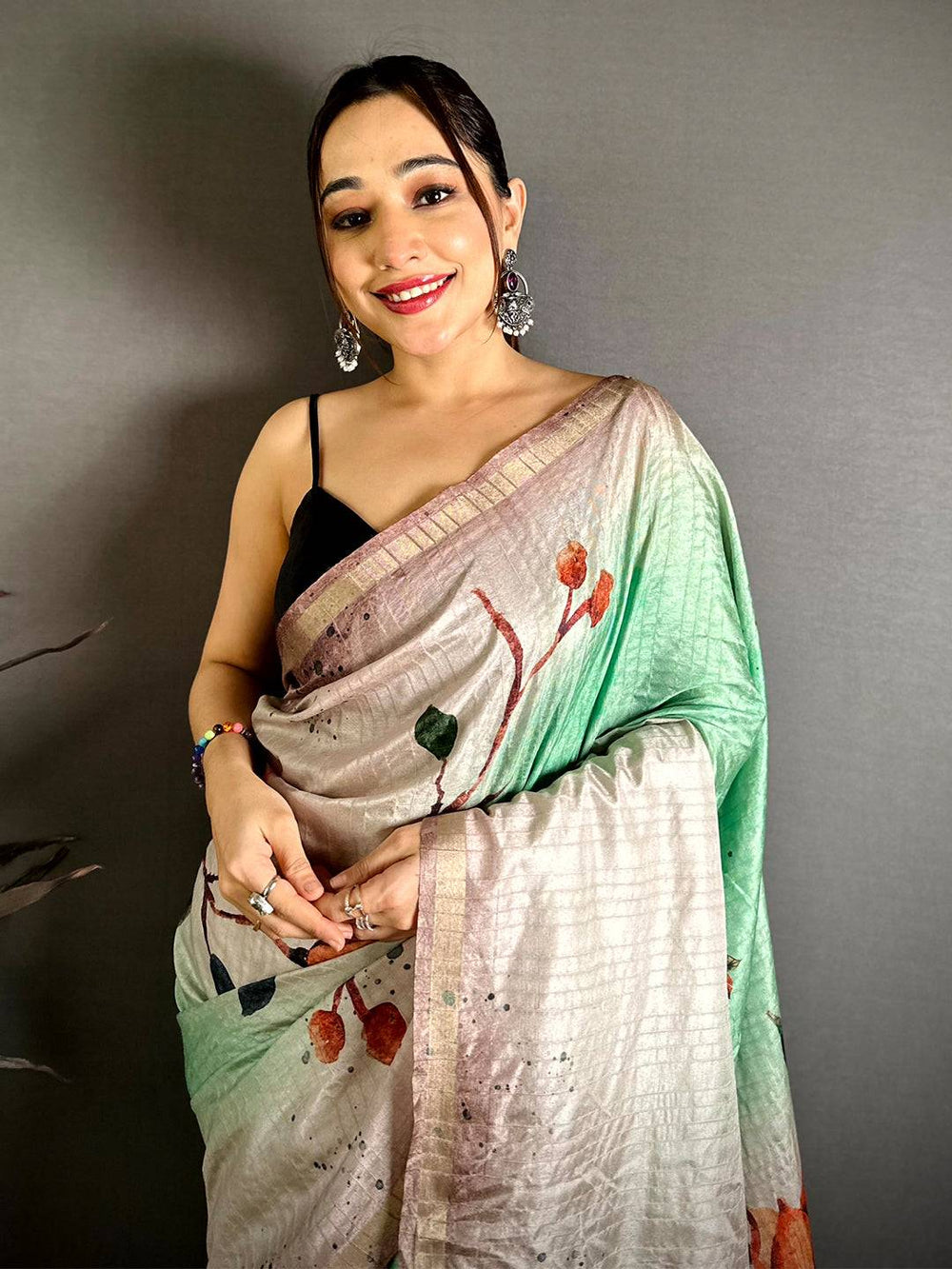 Pastel Green Ghicha Tussar Floral Saree