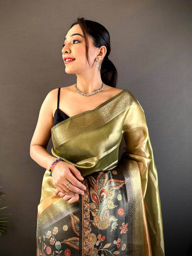 Green Tissue Kalamkari Print Saree
