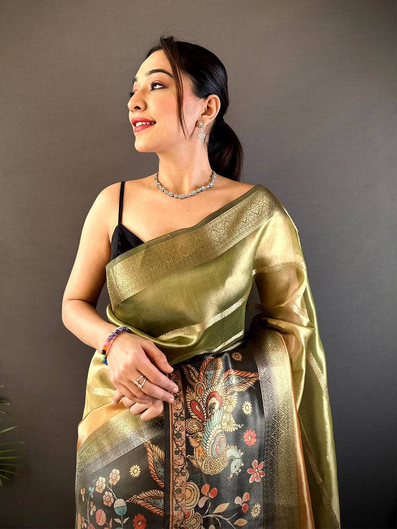 Green Tissue Kalamkari Print Saree