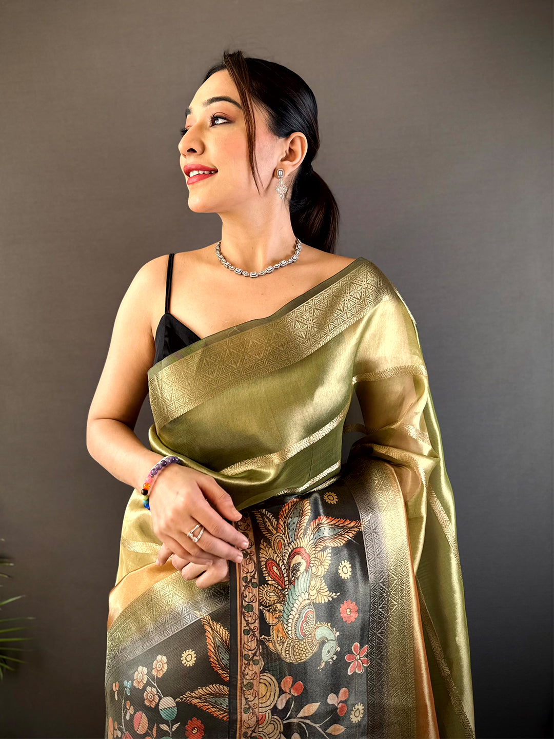 Green Tissue Kalamkari Print Saree