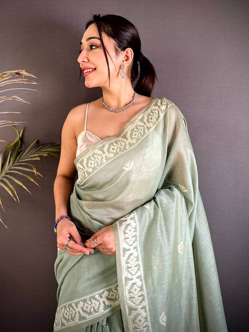 Royal Khadi Linen Lakhnavi Work Saree