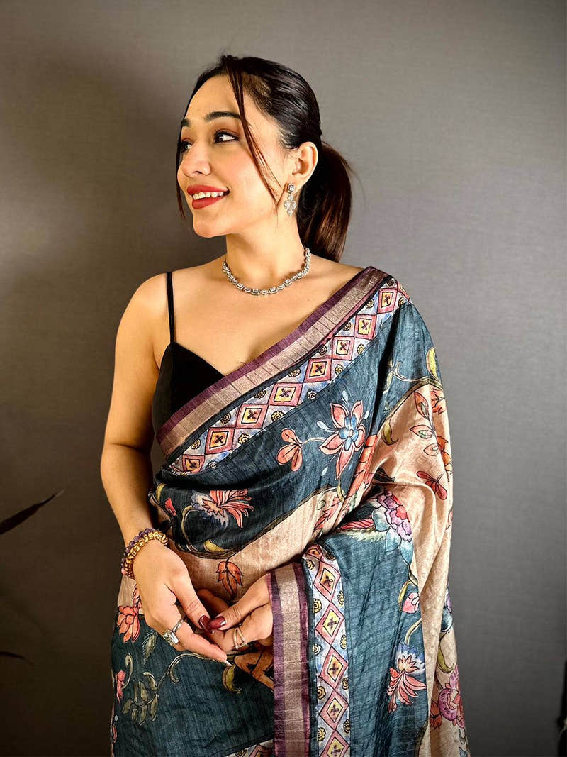 Heritage Tussar Ghicha Kalamkari Saree