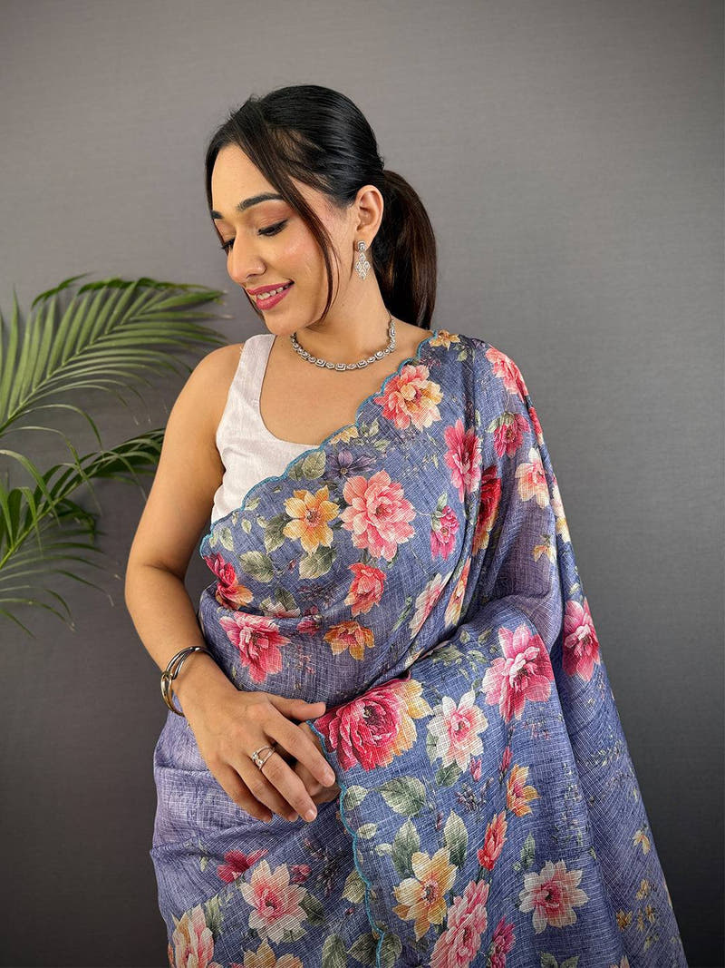 Denim Blue Kota Doriya Floral Cut Work Saree